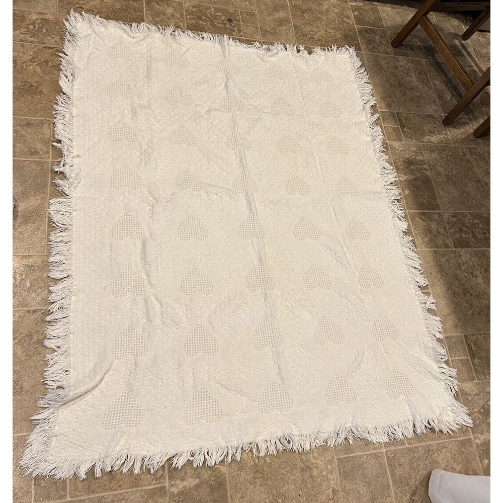 Crown Crafts WHITE Heart Fringed Cotton Throw Blanket